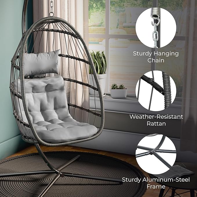 Econohome Hanging Egg Chair with Stand - Indoor/Outdoor Swing Hammock Chair with Plush, Washable Cushions, 350LBS Capacity, Ideal for Relaxation in Bedrooms, Balconies, Gardens, and Patios