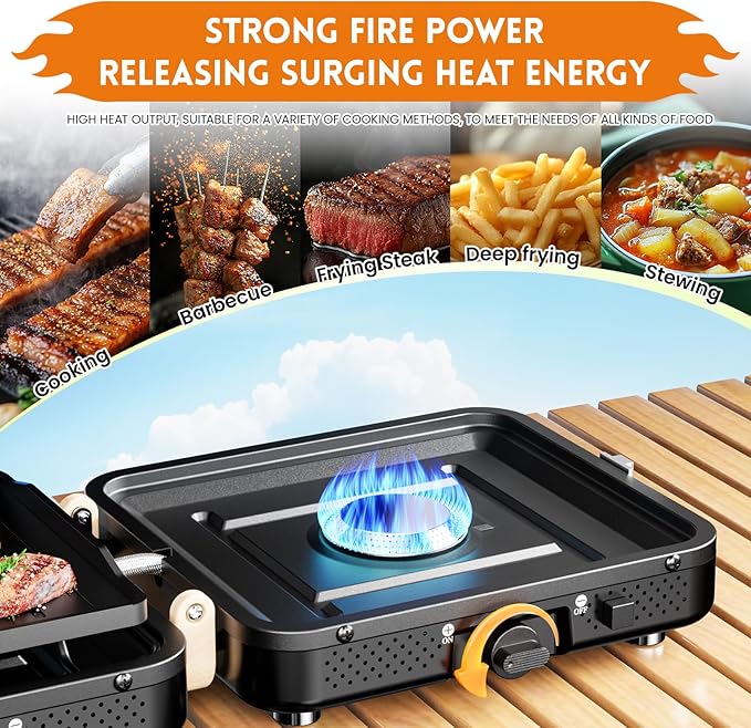 AFFLUENT 2 Burner Propane Camping Stove with Grill and Storage Bag- A Must - Have Camp Stove Propane! Foldable, Featuring Two Adjustable Burners Ideal Portable Camping Stove for Camping & BBQ(Black)