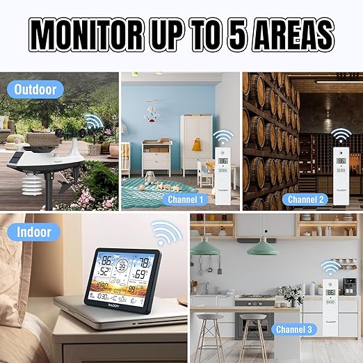 Raddy AG7 Weather Station Wireless Indoor Outdoor Thermometer, 7.4'' Digital Color Display Atomic Weather Clock, Temperature Humidity Monitor with Weather Forecast and Barometric Pressure