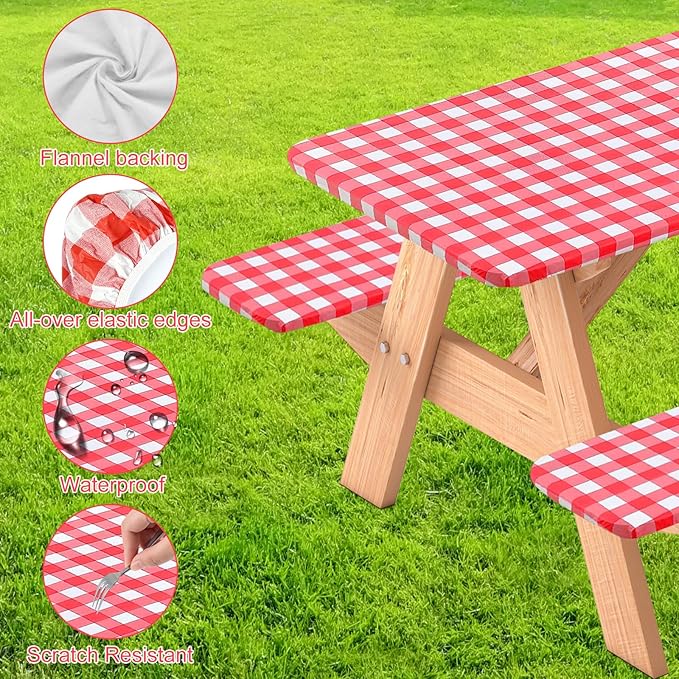 3 Pcs Set Fitted Picnic Table Cover with Bench Covers Vinyl Camping Table Cloth Flannel Backing for 6ft Tables Camping Outdoor (Red Checked, 30 x 72 Inches)