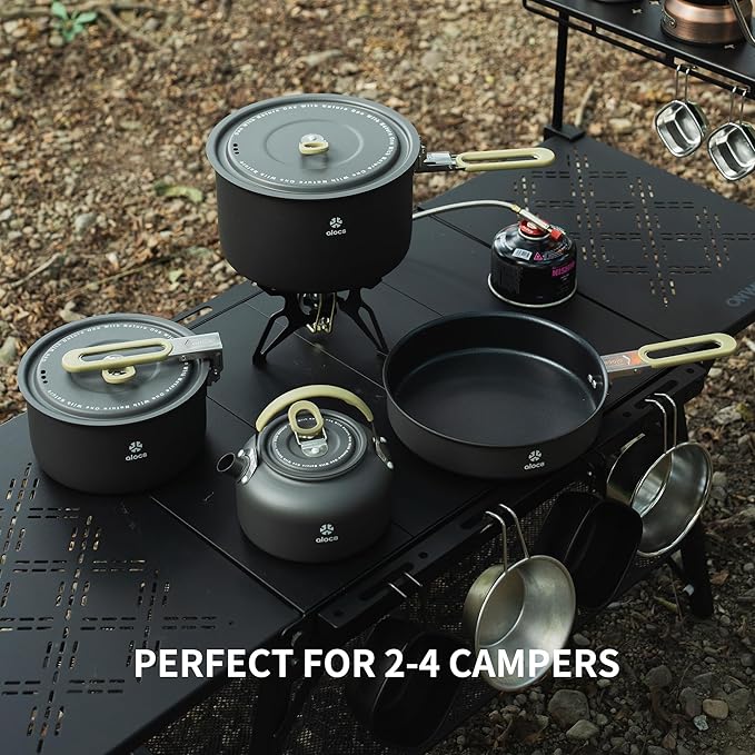 Alocs Portable Camping Cookware - Upgraded Handle, Non-Stick Camping Pan Set for Outdoor Kitchen, Picnic, Hiking and Fishing