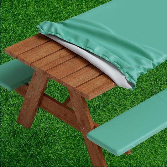 Sorfey Picnic Table Cover with Bench Covers -Fitted with Elastic, Vinyl with Flannel Back, Fits for Table 30"x 72" Rectangle,Water Proof, Solid Green Design