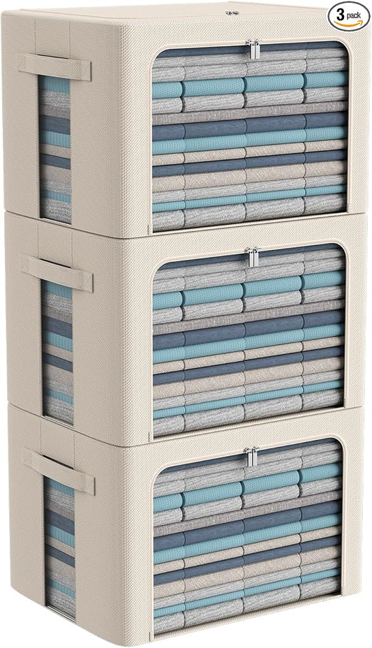 3Pack Frame Storage Box - Clothes Storage Bin Bags Oxford Fabric Foldable Stackable Container Organizer Set with Clear Window & Carry Handles Large Capacity (Beige, Large-66L)