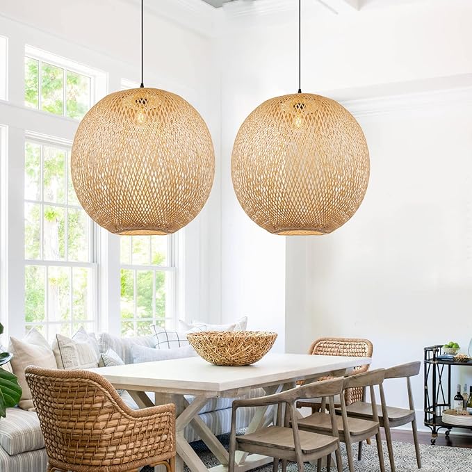 Arturesthome Round Bamboo Pendant Lights, Wicker Chandelier Hand-Woven Boho Basket Lampshade Hanging Ceiling Light for Kitchen Island Living Room