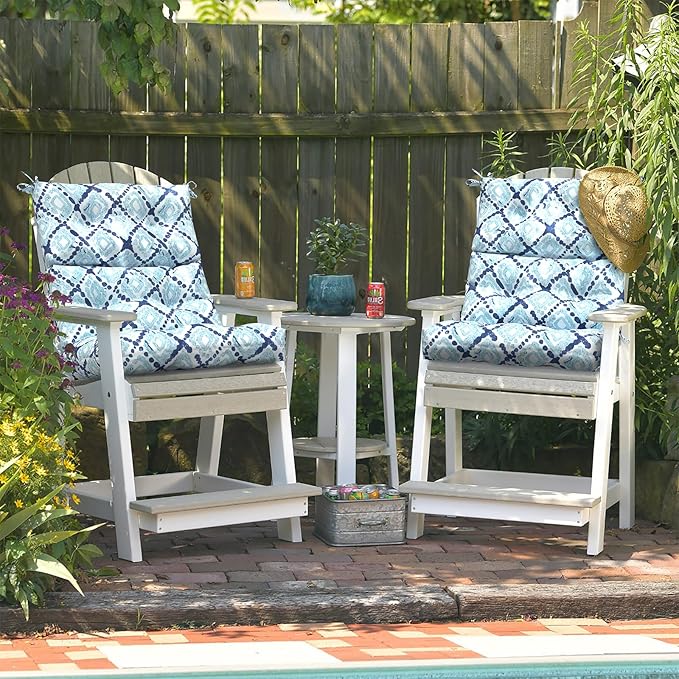 LVTXIII Outdoor Tufted High Back Cushions Set of 2 Patio Seasonal Replacement Rocking Chair Cushion with Ties, Solid Seat and Back Chair Cushion, (44” L x 22W”, Boho Geometry Blue)