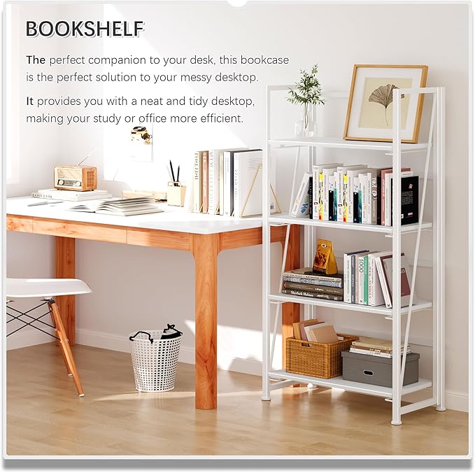 4NM No-Assembly Folding Bookshelf Storage Shelves 4 Tiers Vintage Bookcase Standing Racks Study Organizer Home Office (All White)