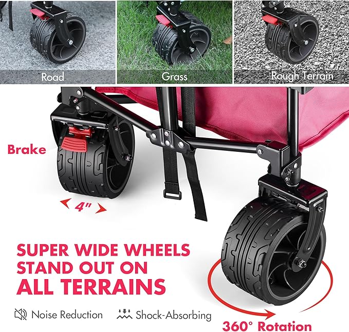 VILLEY Collapsible Folding Wagon with Big Wheels, Enlarged 225lbs Capacity, All Terrain Wagons Carts Heavy Duty Foldable, Portable Utility Garden Cart with 2 Cup Holders and Brake, Pink