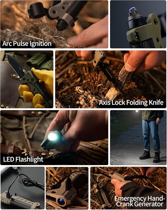 VIPERADE VAK6 Survival Multitool with Folding Knife, LED Flashlight, Pulse Ignition and Hand Crank Generator, Camping Multitool Knife Rechargeable Flashlight with Belt Sheath (Green)