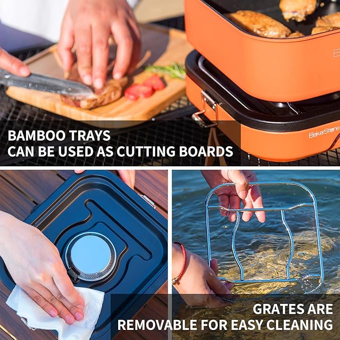 BakerStone Camping Stove, Outdoor Portable Propane Gas Stove with 8000 BTU, Single Burner Camp Stove with Cooking Grate, Wooden Tray, Inlet Gas Regulator and Pipe