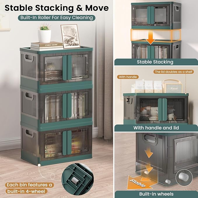 8.4Gal Collapsible Storage Bins with Lids & Wheels - 1 Pack Stackable with Doors, Heavy-Duty Plastic Containers for Home/Office, Green