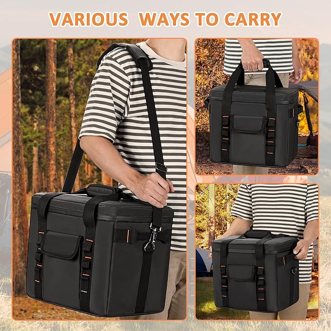 Trunab Moisture-Proof Camping Organizer and Storage Tote, Portable Outdoor Camping Bag with Adjustable Dividers and Insulated Compartment, for Hiking Cookware, Picnic, Grilling, Travel, Car, Black