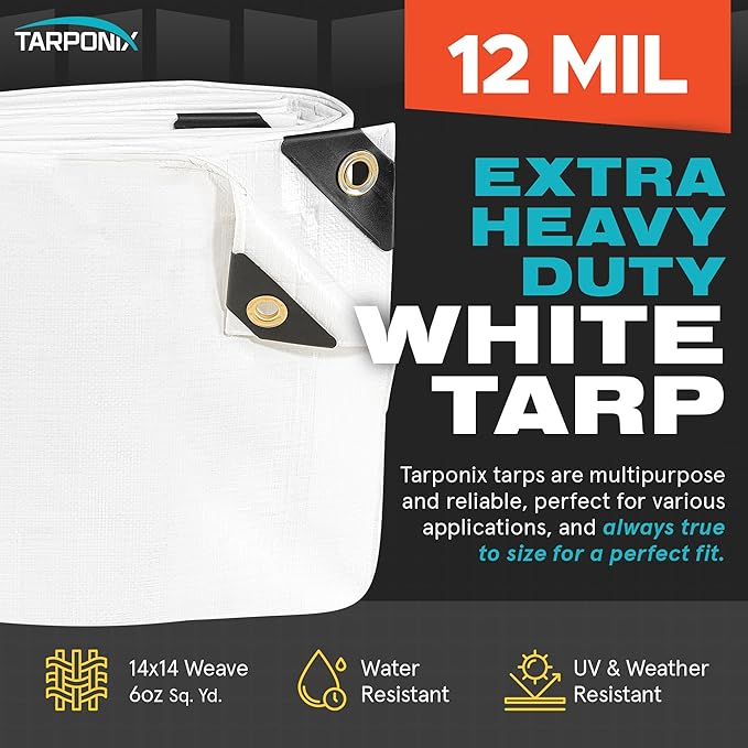 12' x 16' Extra Heavy-Duty White Poly Tarp – 12 Mil Thick, Waterproof, UV-Resistant Polyethylene with Reinforced Edges, Double-Stitched Hems, and Rustproof Grommets