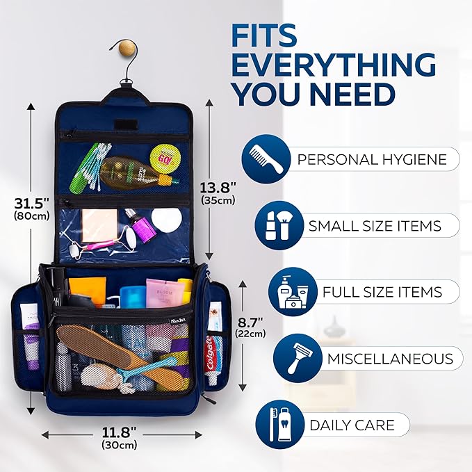 Extra Large Hanging Travel Toiletry Bag for Men and Women - Cosmetic Travel Bag With Shoulder Strap - Waterproof Hygiene Bag with Metal Xxl Swivel Hook and 19 Compartments for Toiletries