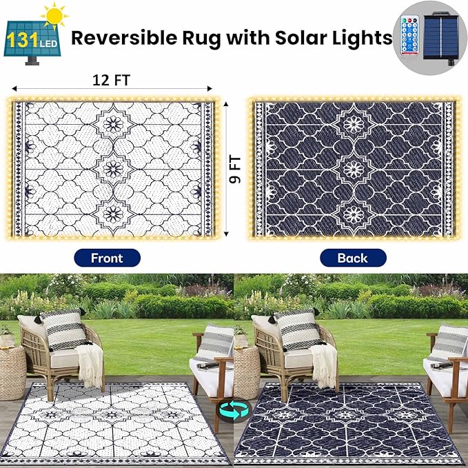 9x12Ft Outdoor Rug, Solar Powered Outdoor Rug with 131LEDs Strip Lights for House Deck, Waterproof Plastic Reversible Outdoor Straw Rugs, Rugs Mat RV Camping Patio Beach Balcony Picnic (Blue White)