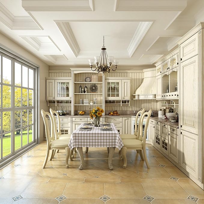 misaya Rectangle Waterproof Vinyl Table Cloth, Buffalo Flannel Backed Tablecloth, Wipeable Plastic Table Cover for Dinner, Cafe, Outdoor (60" x 120", Khaki and White)