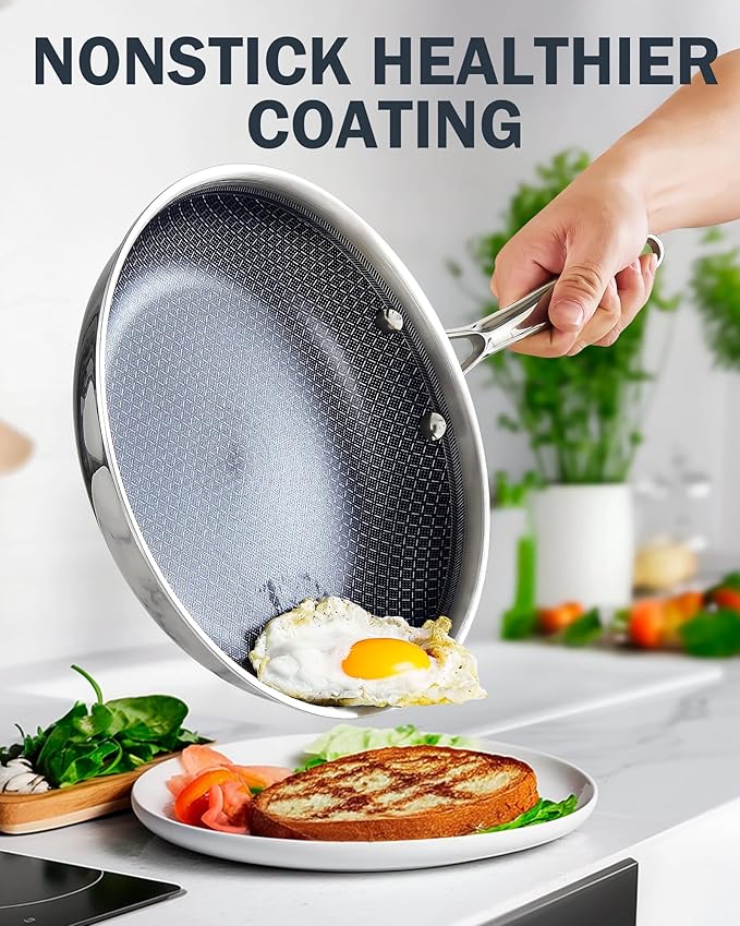 Cooks Standard Hybrid Nonstick Frying Pan, 8-Inch Skillet, Multi-Ply Clad Stainless Steel Fry Pan with Tempered Glass Lids, Oven Safe, Compatible with All Stovetops