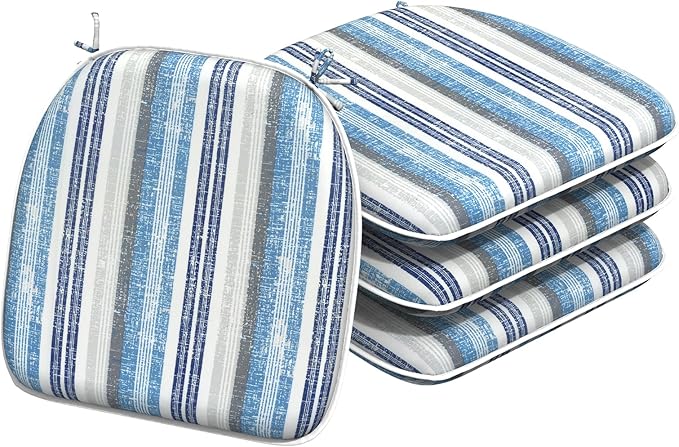 Indoor/Outdoor Chair Cushions 16x17 Inch, Patio Chair Cushions with Ties, All Weather Seat Cushions for Patio Furniture Home Garden Chair Use, Set of 4, Stripe Layered Blue