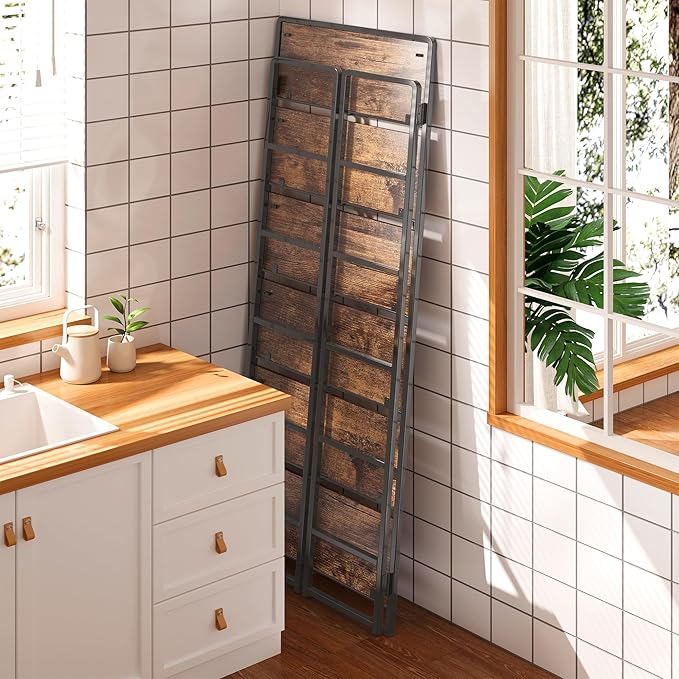 4NM No-Assembly 6 Tiers Folding Bookshelf Storage Shelves Vintage Bookcase Standing Racks Study Organizer Home Office (Rustic Brown Black)