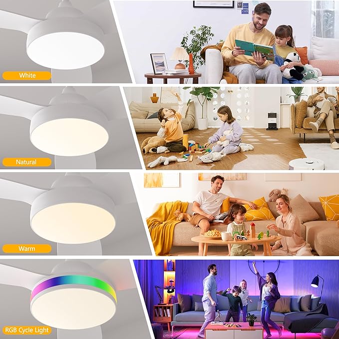 42 Inch Ceiling Fan with Light and Remote, Modern 3 Blade DC Motor Quiet Fan, Dimmable RGB LED, Reversible ABS Blades, for Bedroom Living Room, White (White)
