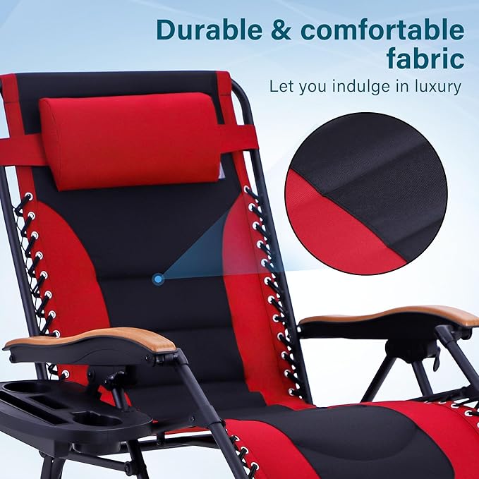 MFSTUDIO Zero Gravity Chairs Set of 2, XL Oversized Outdoor Anti Gravity Chair, Patio Lounge Folding Adjustable Chair with Cup Holder & Padded Headrest, Support 400lbs,Red