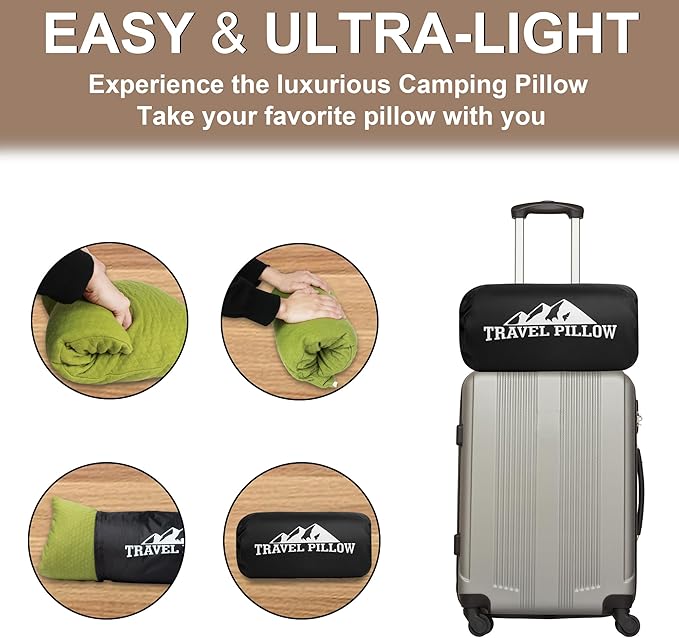 Camping Memory Foam Pillow Travel Pillow Compressible Medium Firm, Soft Comfortable and Breathable, Ideal Backpacking Hiking and Airplane