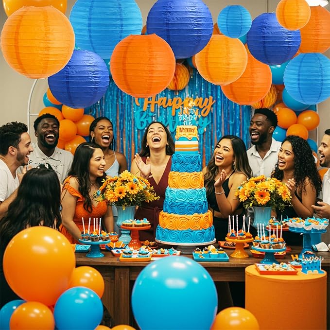 BEISHIDA 12Pcs Blue Orange Paper Lanterns Decorative Hanging Round Paper Lanterns Lamp for Birthday, Wedding,Bridal,Home Decor,Outdoor Decoration,Party Decoration