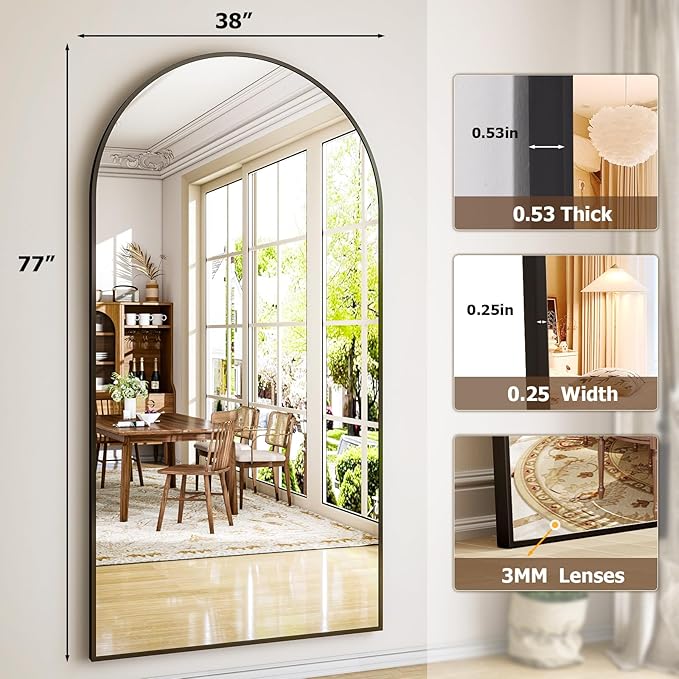 Oversized Full-Body Mirror, 77" x 38" Arched Full-Length Mirror, Black Metal Frame, Floor Mirror for Bedroom, Living/Dressing Room, Gym - Stand/Wall Mounted/Leaning
