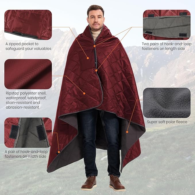 4-in-1 Large Outdoor Blanket - Waterproof & Windproof Thickened Warm Fleece Camping Blanket for Stadium, Hiking, Sporting Events - 81"x57", Packable (Antique Ruby)