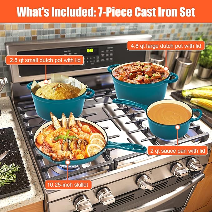 QuliMetal Nonstick Enameled Cast Iron Cookware Set, 7Pcs Pots and Pans with Lid, Frying Pan Skillet, Saucepan, Healthy Dutch Oven for Sourdough Bread Baking, Oven Safe up to 500° F or on All Stovetop