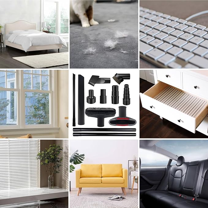 12 PCS Vacuum Attachments & Brushes Kit for Shop Vac Accessories & Household Cleaning, Includes 2 1/2" to 1 1/4" and 1 7/8" to 1" Vacuum Hose Adapters, Crevice Tool & 2 Vacuum Extension Wands