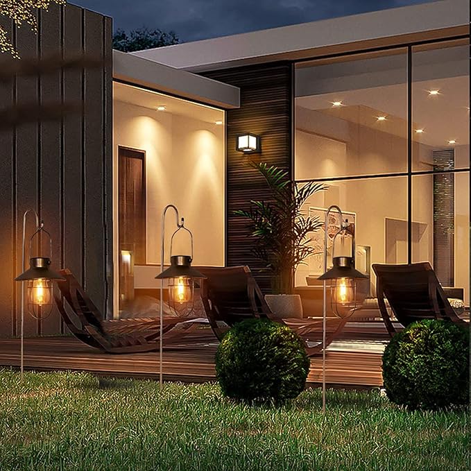 pearlstar Solar Lanterns Outdoor Metal Solar Powered Hanging Lights Waterproof for Wall Yard Garden Patio Garage Balcony Porch Fence Decor, Warm White Edison Bulb,with Wall Mount Kit（Black-1pack）