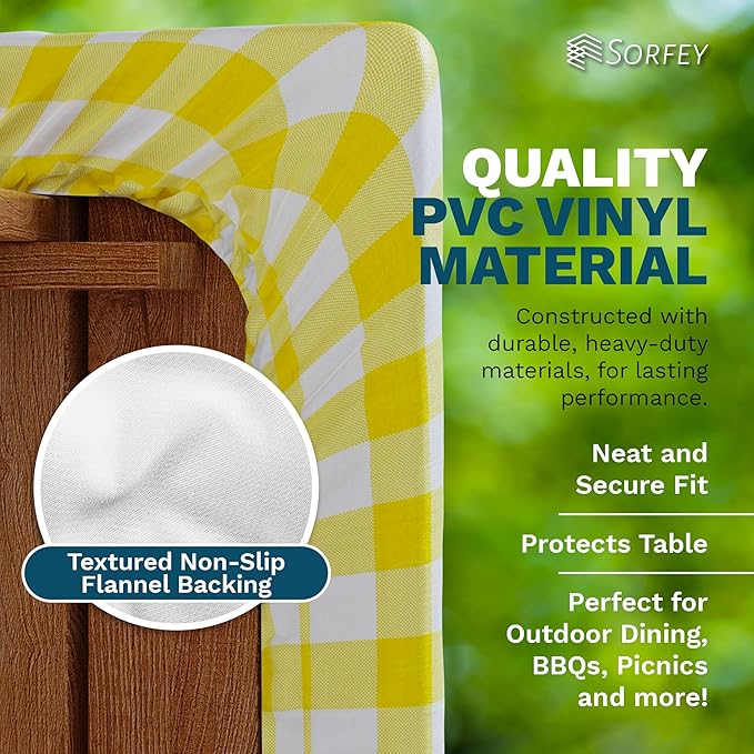 Sorfey Picnic Table Cover with Bench Covers -Fitted with Elastic, Vinyl with Flannel Back, Fits for Table 30"x 96" Rectangle,Water Proof, Checked Blue Design