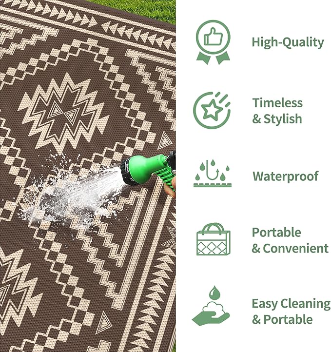 GENIMO Outdoor Rug for Patio Clearance, 8x10 ft Waterproof Mat,Reversible Plastic Camping Rugs, Rv, Porch, Deck, Camper, Balcony, Backyard, Coffee and Beige