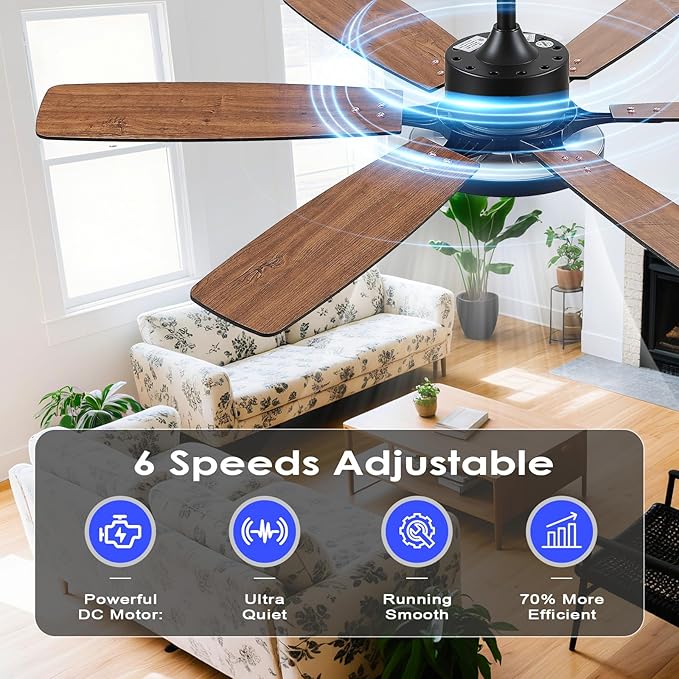 52“Ceiling Fan with Light,Black Ceiling Fans with Light and Remote for Bedroom with DC Motor,6-Blade,3CCT,Surper Bright Dimmable LED Ceiling Light with Fan for Livingroom Patio Use,Indoor/Outdoor