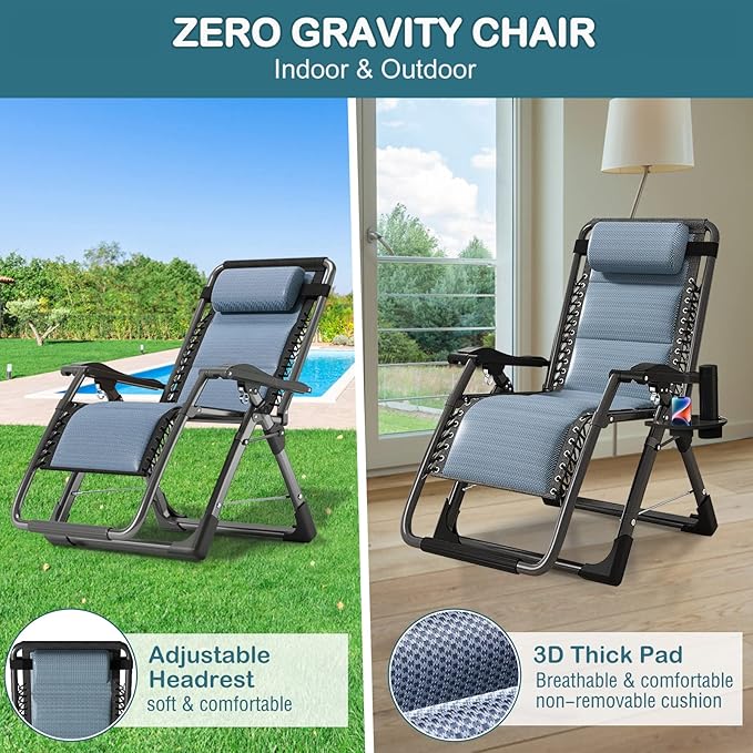 NAIZEA Padded Zero Gravity Chair, Cooling Fabric Folding Outdoor Lounge Chairs, Adjustable Reclining Camping Chairs with Cup Holder, Ergonomic Patio Lawn Chair for Balcony Beach Deck Yard