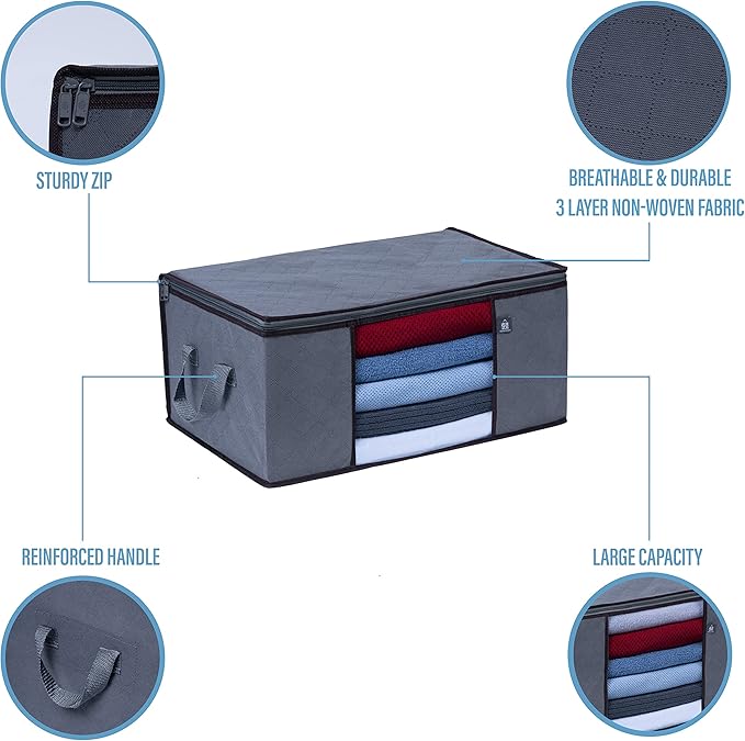 VENO 3 Pack Large Clothes Storage Bag Organizer with Reinforced Handle Thick Fabric for Comforters, Blankets, Bedding, Foldable with Sturdy Zipper, Clear Window, Grey, Reusable (13.3 Gallon)