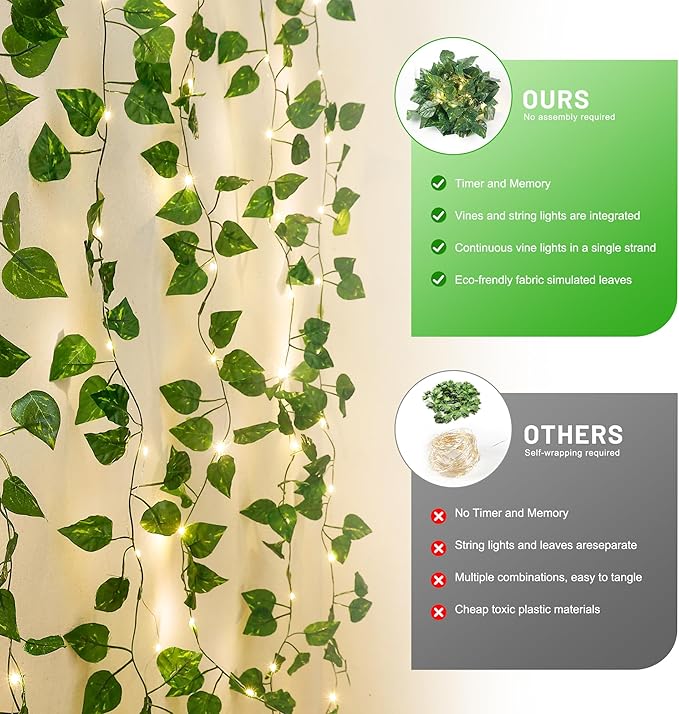 YOUNGAR Vine with Fairy Lights Battery/USB Operated,23ft 73 LED Pothos String Lights with Memory and Timer,Leaf Lights for Bedroom, Room, Garden, Party, Wedding,Wall Decor (Warm White)