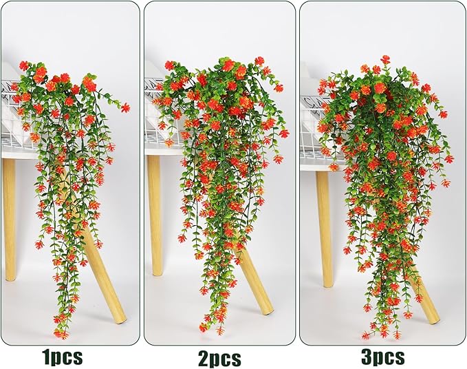 Faux Hanging Plants Hanging Greenery Outdoor Artificial Vines for Outdoors Hanging Plants with flowers Artificial Hanging Plants Indoor Outdoor Wall Garden Wedding Interior Decoration(Orange Red)