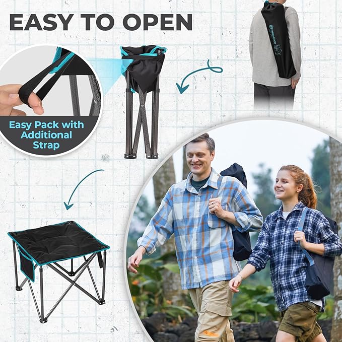 FUNDANGO Folding Camping Stool, 2 Pack 18.1 Inch Oversized Foot Rest 440 Lbs Heavy Duty Portable Padded Stools Seat Anti-Slip Foots & Carry Strap for Fishing Outdoor Lawn Travel (Black)