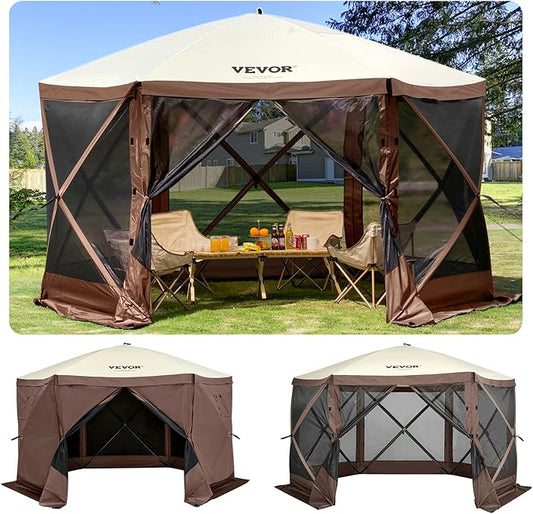 VEVOR Pop Up Gazebo Screen Tent 6 Sided Canopy Sun Shelter with 6 Removable Privacy Wind Cloths & Mesh Windows, 11.5x11.5FT Quick Set Screen Tent with Mosquito Netting, Brown