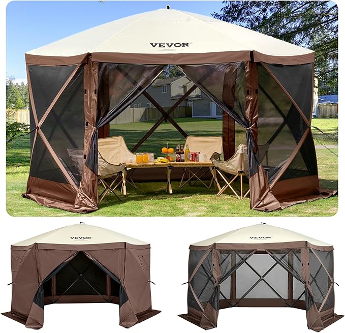VEVOR Pop Up Gazebo Screen Tent 6 Sided Canopy Sun Shelter with 6 Removable Privacy Wind Cloths & Mesh Windows, 12.5x12.5FT Quick Set Screen Tent with Mosquito Netting, Brown