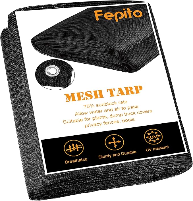FEPITO 70% Heavy-Duty Mesh Tarp 8ftx16ft Black Shade Cloth Mesh Shade Net Cover for Plant Greenhouse,Patio, Fences, Garden, Dump Trucks