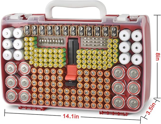 Battery Organizer Storage Holder Case with Double-Sided, Garage Box with Tester Checker. Batteries Container for 269pcs AA AAA AAAA 3A 4A 9V C D Lithium 4LR44 CR2 CR123A CR1632 CR2032 18650 -Red