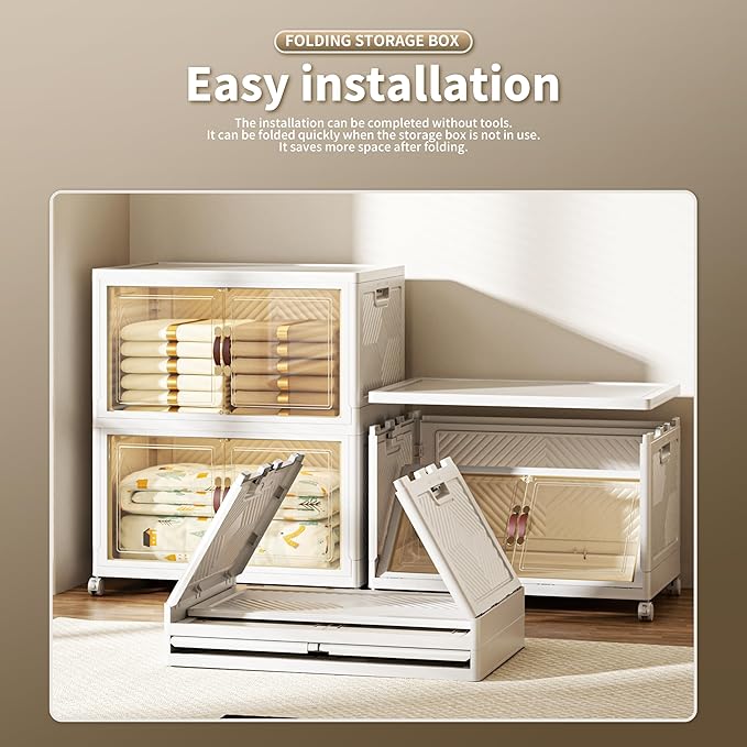 268 QT / 67 Gal Collapsible Storage Bins with Wheels & Magnetic Doors - Stackable Plastic Cabinet Organizer for Home, Garage, Closet (White Space-Saving Containers)