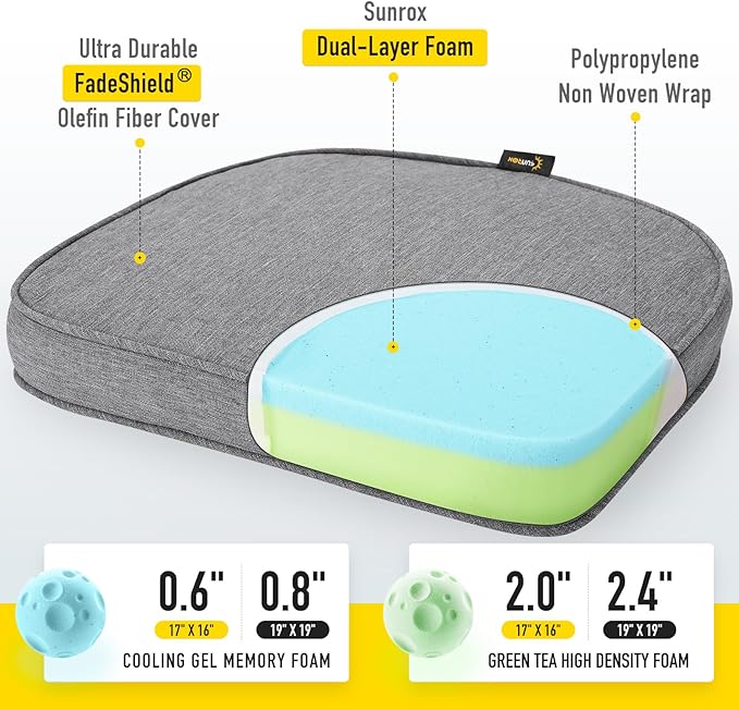 SUNROX Gel Memory Foam Chair Cushions, FadeShield Water-, Stain-Resistant Durable Reversible Seat Cushion Pads with Ties for Indoor/Outdoor Kitchen Dining Office 17"x16" Set of 2, Heather Charcoal