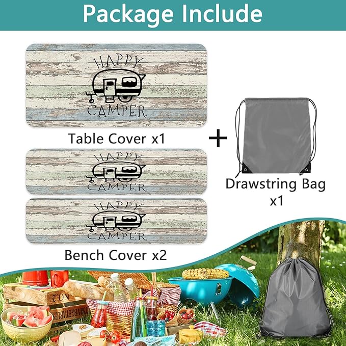 JAWO Picnic Table Covers with Bench Covers Camping Tablecloth 6FT for 6 Person Fitted Picnic Table Cover with Elastic Windproof Waterproof Fabric, Camping Accessories Patio & Outdoor, 3-PCS Set