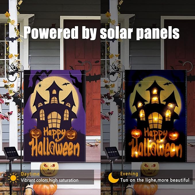 Happy Halloween Garden Flag LED Lighted Vertical Double Sided Garden Flag Halloween Castle Holiday Farmhouse Outdoor Yard Lawn Decoration 12.5 x 18 Inch