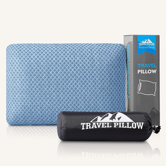Travel Pillow Memory Foam Pillows, Camping Pillow-Compressible Medium Firm, Breathable Cover, Ideal Backpacking Hiking, Bed Pillows, Airplane and Car (Blue, M)