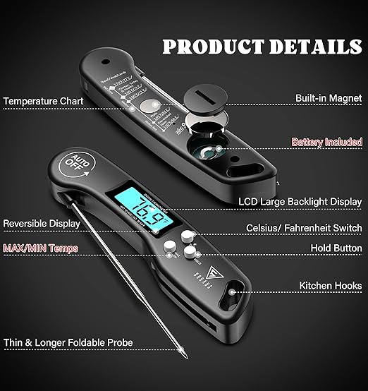 DOQAUS Digital Meat Thermometer, 2 Pack Instant Read Food Thermometer for Cooking, Kitchen Probe with Backlit & Reversible Display, Wide Temperature Range for Turkey, Bread, Baking, Sourdough