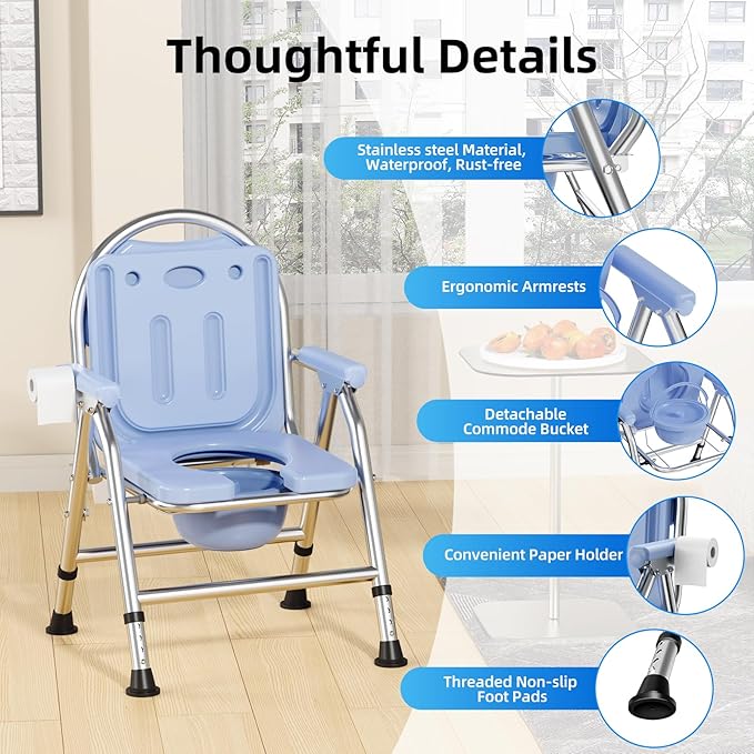 4 in 1 Folding Bedside Commode Chair for Elderly with Arms and Back,Adjustable Height Raised Toilet Seat with Handles,Adults Potty Chair for Seniors,Disabled,Holds Up to 350 lbs (ABS Plastic Seat)